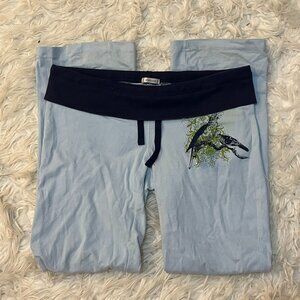 Y2K Wide Leg Fold Over Waist Sweatpants Blue Medium Bedazzled Bird Details